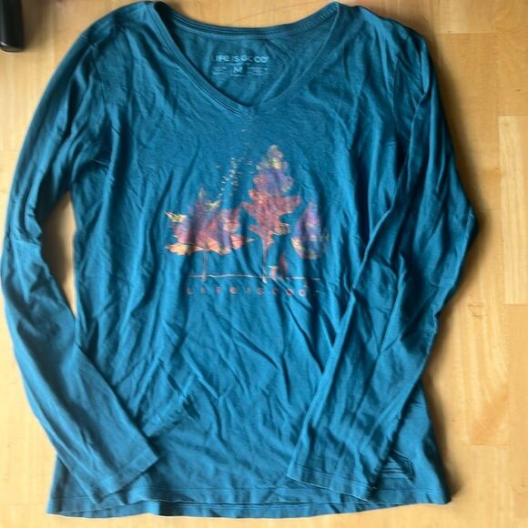 LIFE IS GOOD Fall Dog Walk Long Sleeve V Neck Tee Medium Blue - Picture 1 of 5